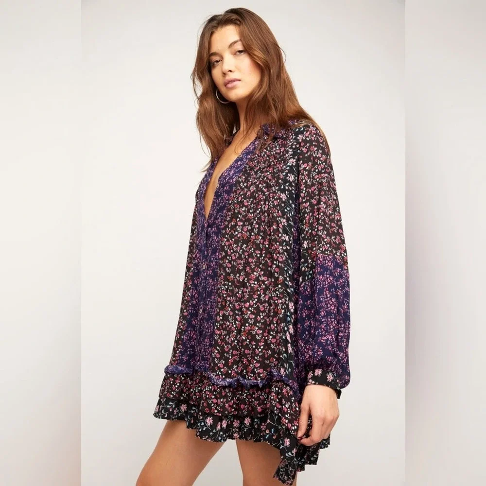 Free People Lost In You Floral Printed Tunic Mini Dress Sz S Purple Boho Cottage